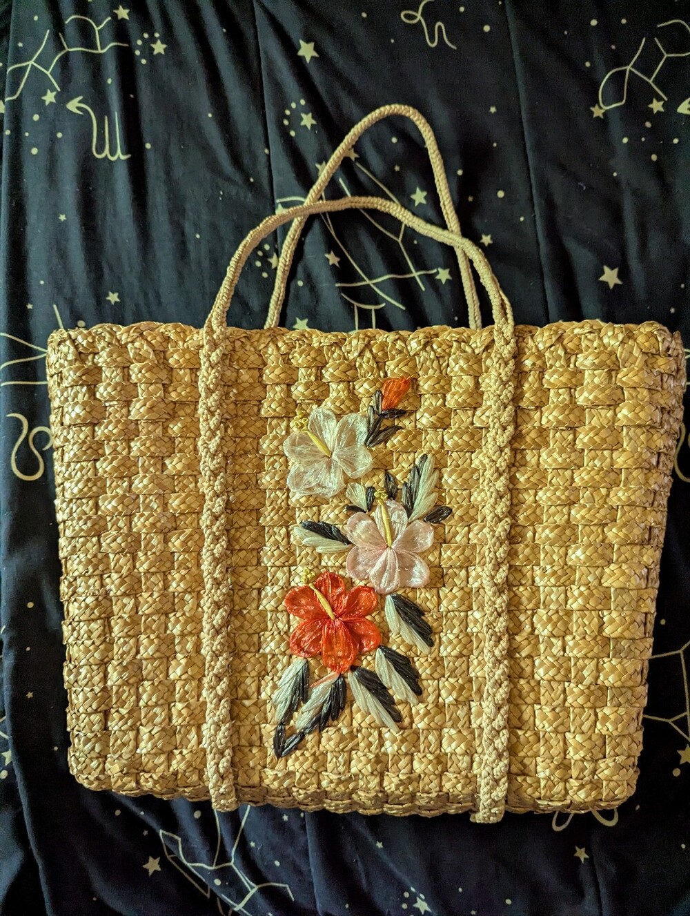 Vintage 40s Rattan Embroidered Large Beach Tote Bag Waterproof Lined Boho Straw